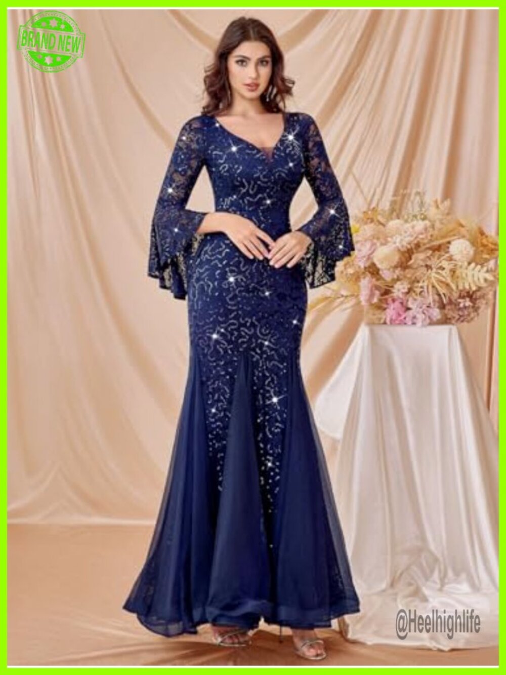 Sequin Lace Tulle Formal Evening Gown Bell Sleeve Mermaid Long Dress - Picture 4 of 6